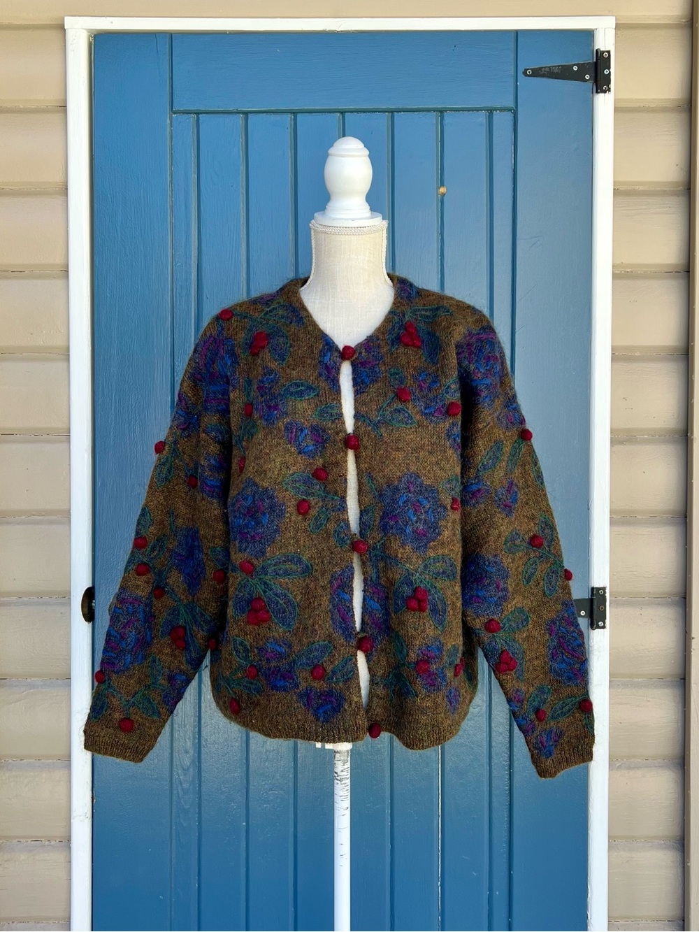 Vintage EXPRESS Mohair Blend Knitted Embroidered Floral Print Cardigan Size L
